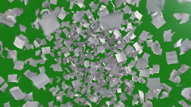 Green Screen flying sheets of white paper swirling in the air a whirlwind scatter documents or empty blanks mess office throwing paperwork on greenscreen 3d render alpha channel scene 4 with