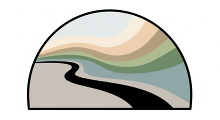 Winding road through abstract landscape with colorful hills and sky