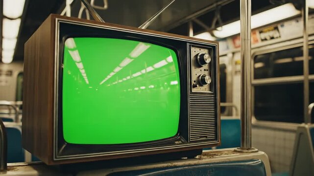 Green Screen old television set with in subway car 4k resolution scene 4 distortion, overlay, glitch, static noise, scan lines on black background, animated video loop