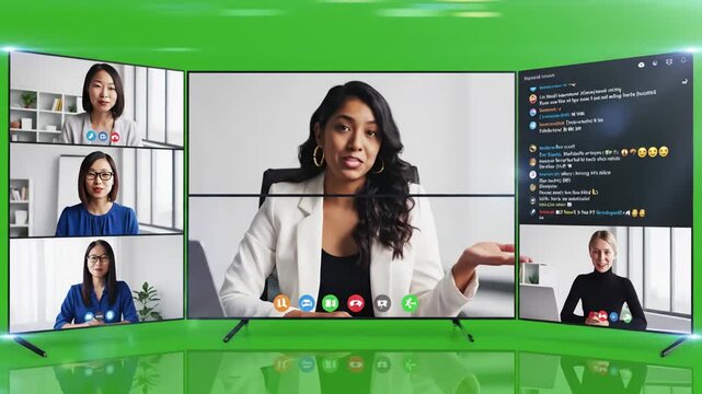 Green Screen six monitor video call meeting conference interface animation with single large group pc remote and chat in team virtual education chroma key scene 3 distortion, overlay, glitch, static