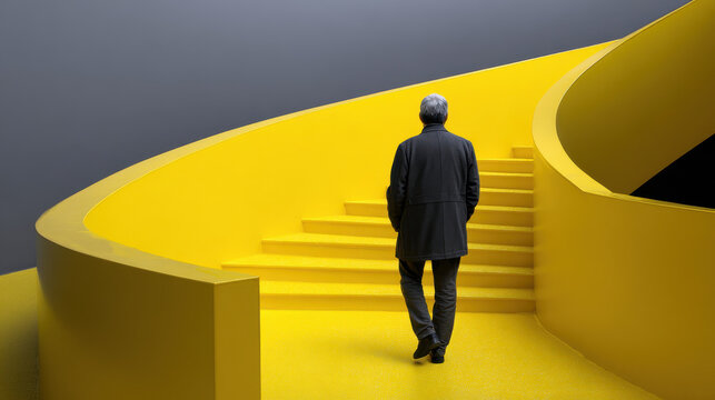 Man walking on modern yellow spiral staircase with gray background in minimal style
