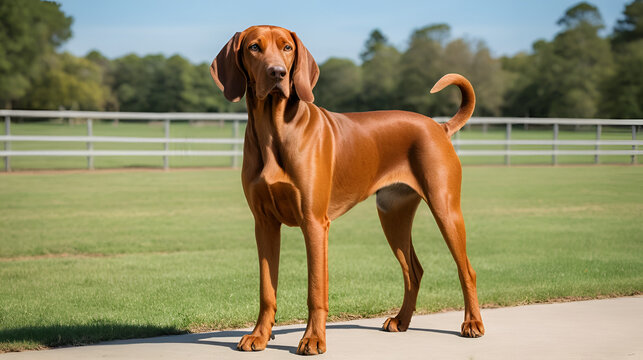 A Redbone Coonhound standing proudly on a , showcasing its sleek coat and expressive eyes