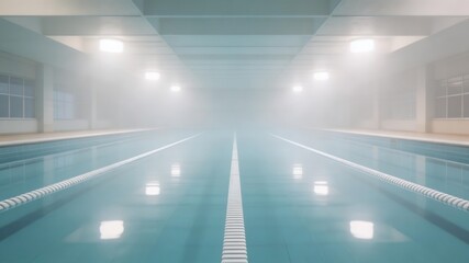 Fototapeta premium Swimming Pool Amidst the Mist: An empty indoor swimming pool, its clear water reflecting the soft glow of the overhead lights, is shrouded in a gentle mist, creating a serene and atmospheric scene.