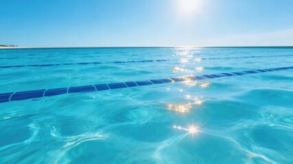 Obraz premium Sparkling Blue Oasis: A pristine swimming pool shimmers under a radiant sun, inviting a moment of tranquility. The clear water, a canvas of endless blue, meets the bright horizon.