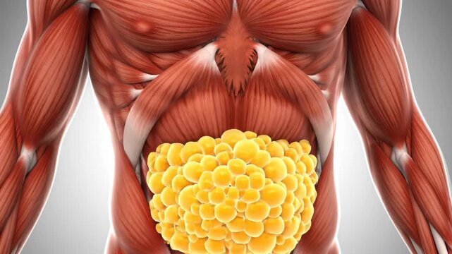 Human Anatomy Visualization of Visceral Fat Cells Inside Abdominal Muscle Structure
