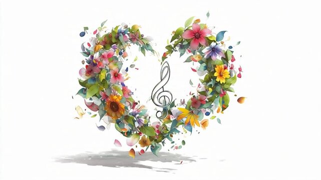 A vibrant floral heart-shaped wreath with a treble clef symbol at its center, surrounded by scattered flowers, creating a dynamic abstract motion inspired by music.