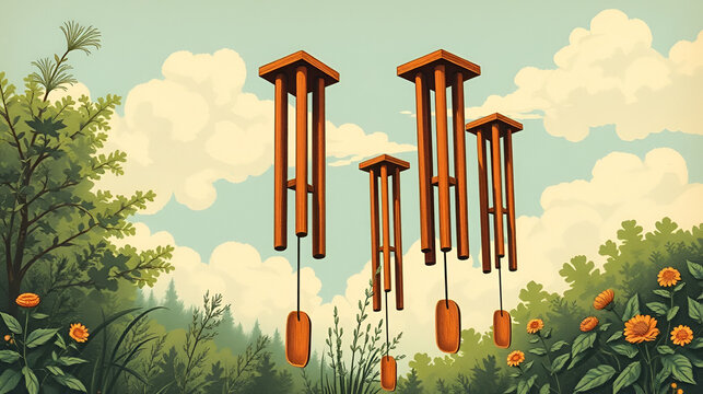Vintage illustration of a group of tall wooden wind chimes amidst nature