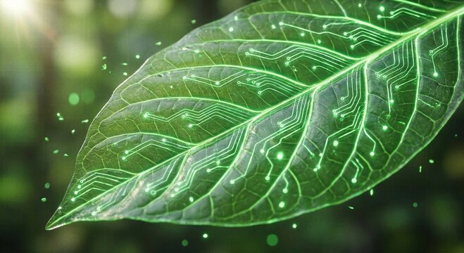 Macro of a green leaf with glowing neon circuit patterns and sun flare representing green technology eco innovation and sustainable bio engineering