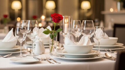 Fototapeta premium A beautifully set table with wine glasses, plates, and a single red rose in a vase