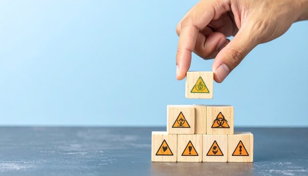 Hand places biohazard block atop pyramid of hazard symbols, wooden blocks on table, blue background, evoking danger, risk management, and environmental safety awareness.