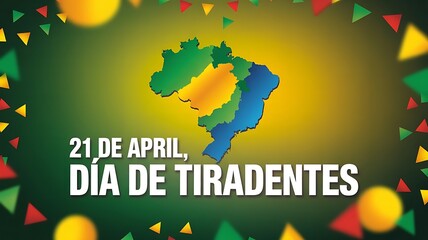 Brazil map with Tiradentes Day celebration and festive confetti
