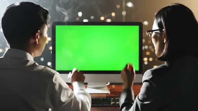 Green Screen view from the back on male and female office workers sitting at desk in front of computer they watching something its chroma key inside scene 3 with distortion, overlay, glitch, static