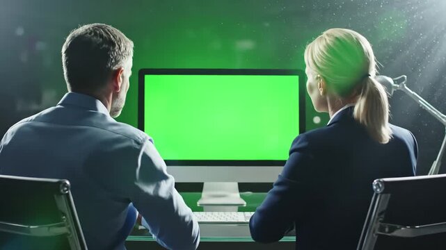 Green Screen view from the back on male and female office workers sitting at desk in front of computer they watching something its chroma key inside scene 4 with distortion, overlay, glitch, static