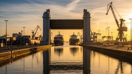Fototapeta premium A serene canal with a large gate at sunset, reflecting calm water and industrial equipment