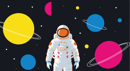 Astronaut floating in colorful outer space with planets and stars © mukti