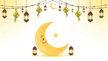 Naklejka premium A smiling cartoon crescent moon with a star, surrounded by lanterns and decorations