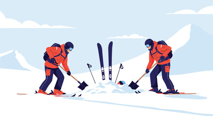 Obraz premium Two rescue workers in bright orange gear using shovels to dig out a buried person in a snowy mountain landscape.