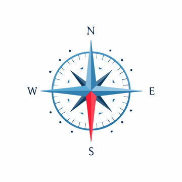 Blue and red compass icon showing North South East West