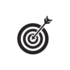 Solid Black Target with Arrow Icon, Goal Achievement Business Success Flat Logo on White