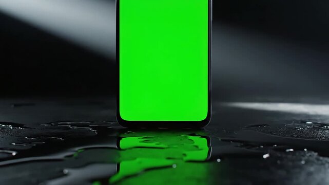 Green Screen a single color lights up on phone standing dark surface scene 1 with distortion, overlay, glitch, static noise, scan lines black background, 4k animated video loop