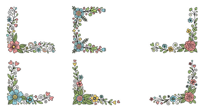 Floral letter elements with decorative corners on transparent background silhouette