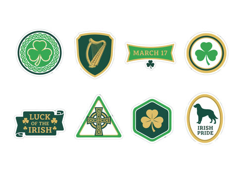 Collection of irish themed stickers and badges on transparent background silhouette