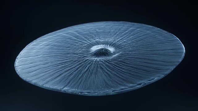 Abstract blue rippled disc with central focal point on dark background