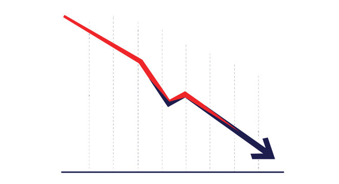 Red and blue line graph with an arrow pointing down representing a financial loss economic recession or decreasing sales performance over time.