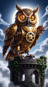 Steampunk Golden Owl Perched on an Ancient Stone Tower Under a Bright Full Moon