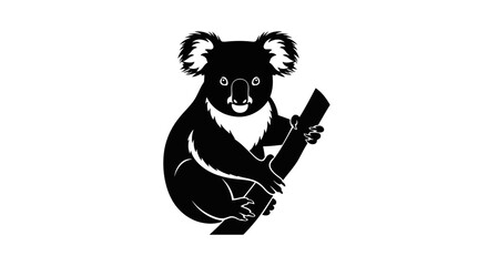 Black silhouette of a koala bear clinging to a tree branch. © Wa