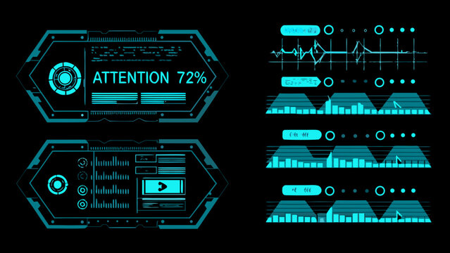 Futuristic user interface elements with data visualizations and attention indicator