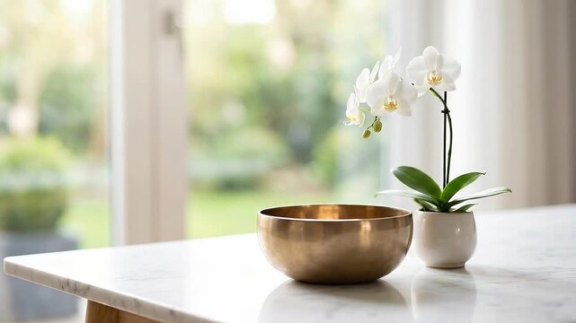 Meditation singing bowl vibration on marble table with white orchid flower in daylight calm home interior zen decor peaceful focus stillness and gentle vibration near window light