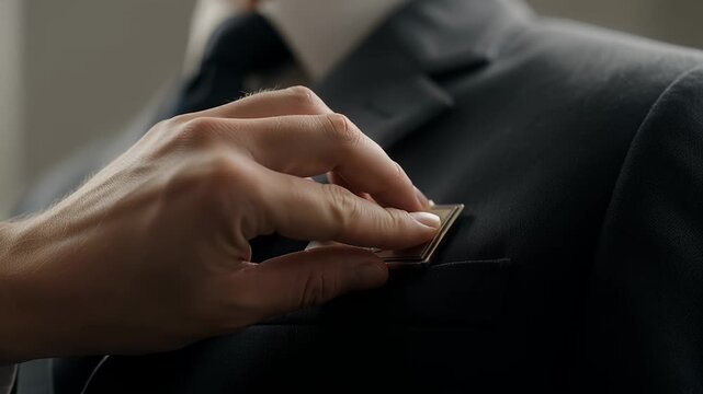 Close up of a hand attaching a metallic badge to a dark suit jacket