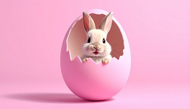 A minimalist close-up of a large pink Easter egg with a rugged crack. A cute, fluffy white baby rabbit with pink-lined ears peeks out with small paws on the shell edge. Solid soft pink backdrop.