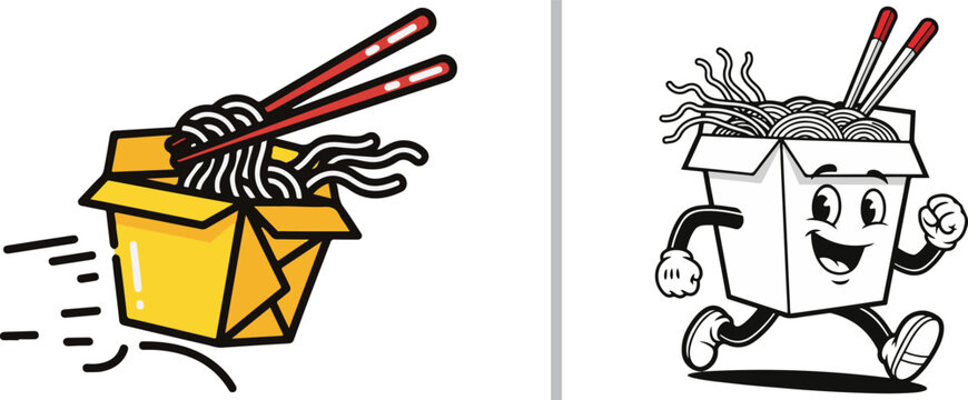 Dynamic vector illustrations of running Chinese takeout boxes. Features a yellow box with motion trails and a cheerful white mascot character, both brimming with noodles and chopsticks.