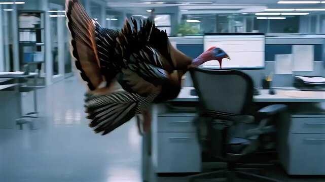 Strutting turkey walks confidently corporate cubicle corridor past desks and glowing monitors while scattered paperwork, startled staff create arrogant office attitude and exaggerated self importance.