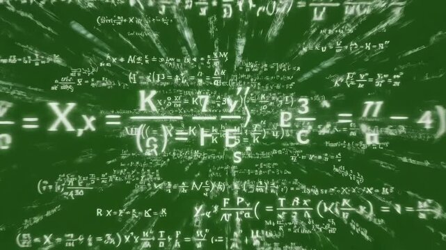 Green Screen camera flies through math formulas on background calculations functions equations matrix made up of abstract cognitive process concept seamless loop greenscreen chromakey scene 4 with
