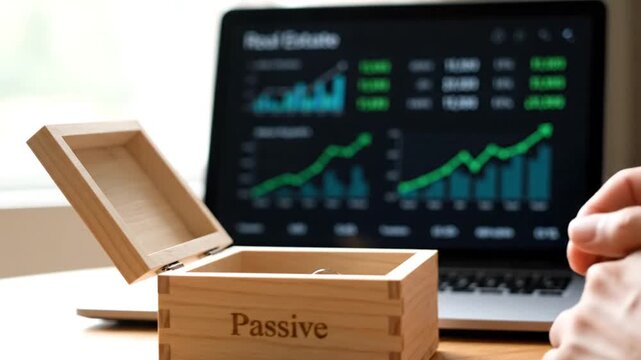 A person views investment graphs on a laptop with a wooden box labeled Passive in front.