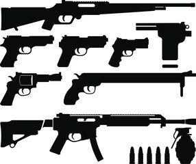 Flat vector firearm silhouettes, pistols revolvers rifles shotguns icons, weapon illustration design, ammunition grenade art, military gun collection, security defense concept