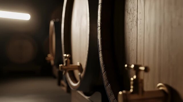 Close-up of wooden barrels in a dimly lit cellar, showcasing brewing equipment and ambiance