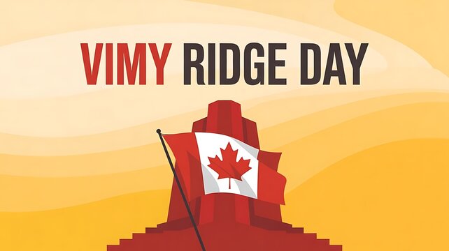 Vimy Ridge Day memorial monument with Canadian flag waving proudly against a warm yellow sky