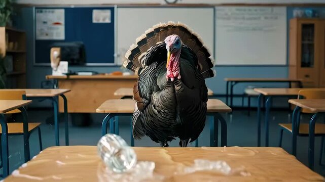 Pompous careless student character portrayed by turkey sitting at school desk beside glass of water clumsy movement causes spill across tabletop creating humorous messy classroom moment during lesson.