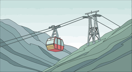 Cable car ascending a steep mountain slope with support tower. © Wa