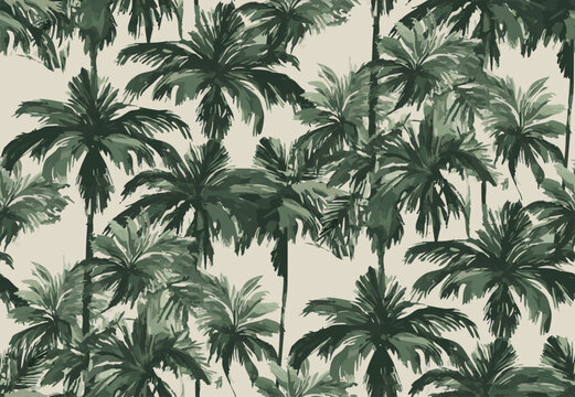 "Create a seamless vector pattern of stylized palm trees using a painterly, hand-brushed technique. Use a palette of forest green and sage on a neutral cream background for a high-end textile look."
