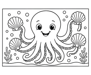 Obraz premium Smiling octopus holding seashells coloring page for kids with coral and bubbles underwater