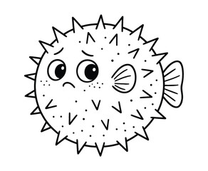 Sad pufferfish with spikes coloring page illustration isolated on white background for kids