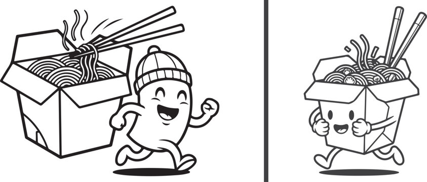 Playful line art illustrations of happy noodle box characters. One runs alongside a steaming takeout container, while the other is a living noodle box with arms and legs, sprinting with joy.