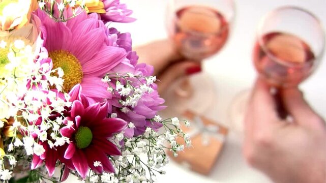 Close up of vibrant spring bouquet with couple toasting rose wine and engagement ring box, in a beautifully arranged flowers in a luxurious resturant or hotel .marriage proposal or anniversary celebra