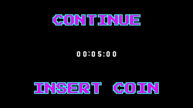 8 bit continue screen with coin insertion prompt, suitable for gaming, technology, entertainment, and retrothemed projects.
