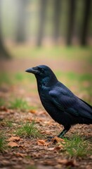 Obraz premium Crow on Natural Ground with Textured Leaves and Grass. Profile View of Black Crow in Soft Outdoor Light. Focused Wildlife Image of Crow in Earthy Environment.
